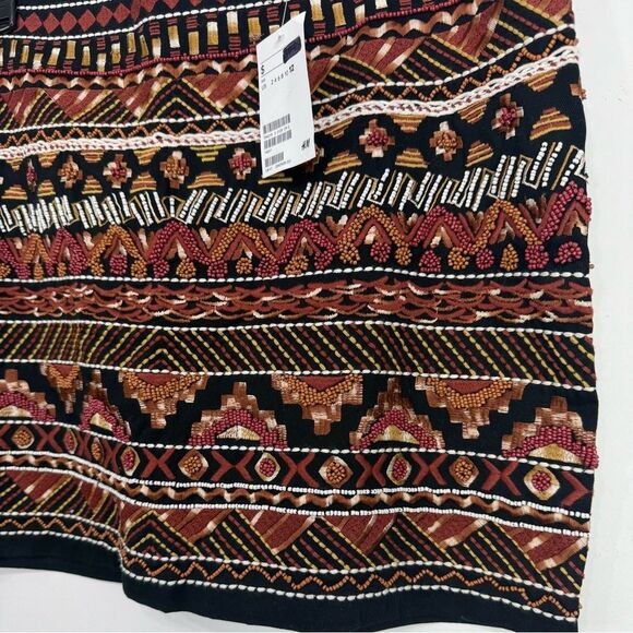 H&M Black Rust Orange Tribal Aztec Embroidered Breaded Mini Statement Skirt NEW - Picture 11 of 16